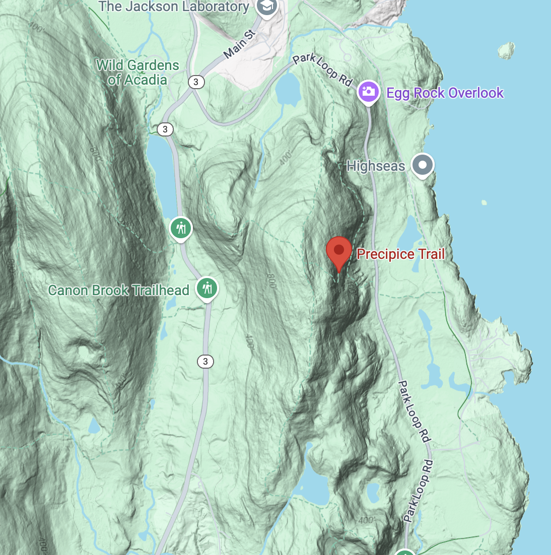 An overhead terrain map of the Precipice Loop Trail in Acadia National Park along coastal Maine.