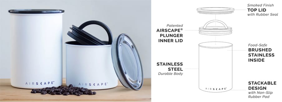 Left: A pair of white cylindrical containers with coffee beans strewn before them. Right: A diagram of the cylinder and lid indicating its ability to prevent or reduce oxygen inside the container.