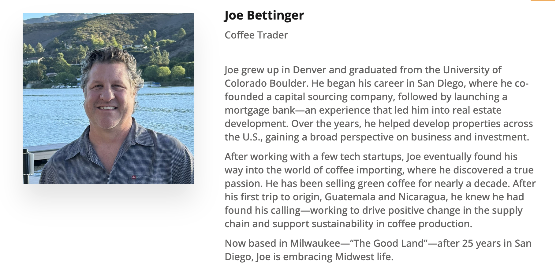 To the left an image of a smiling man in front of a lake and mountains in the background. To the right is text.