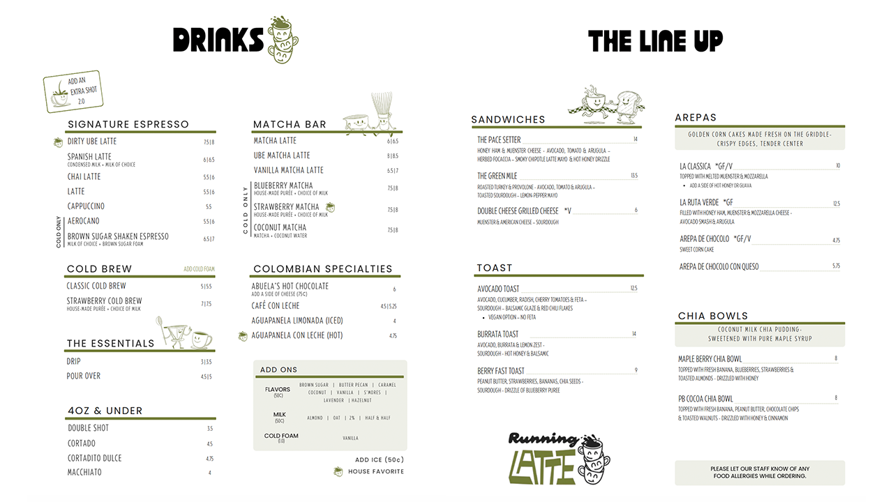A coffee shop menu with drinks on the left and food on the right.